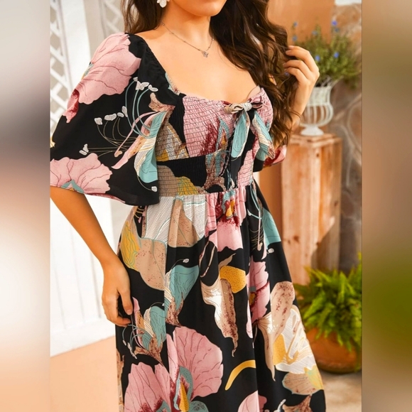 SHEIN Clasi Plus Floral Print Bow Front Shirred Split Thigh Dress 2XL - Picture 1 of 11